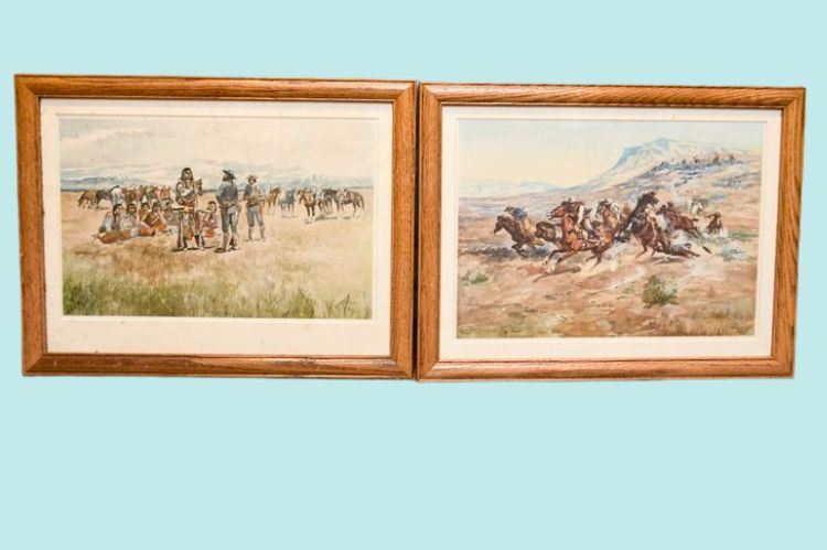 CHARLES M. RUSSELL 1958 Two Prints NDIANS AND SCOUTS TALKING & Indians Chasing