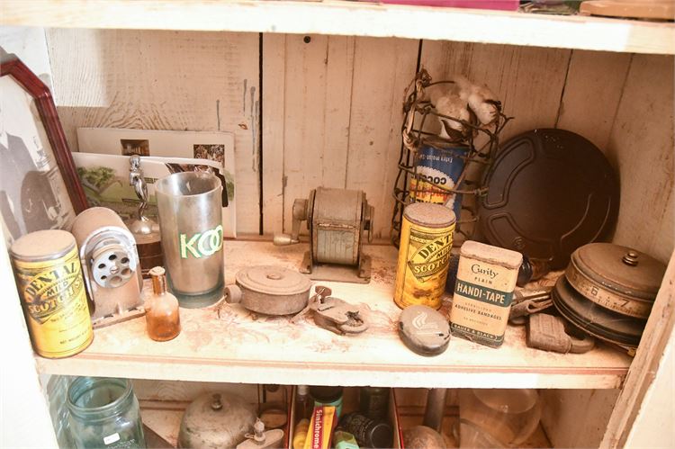 Vintage Metal Items, Cans, Film Reels, and Sharpener