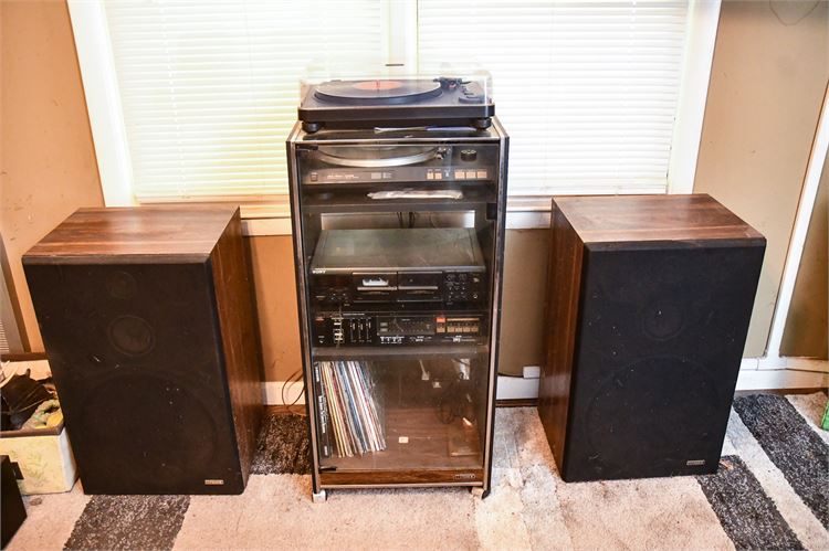 Fisher /Sony Stereo System  with Cabinet and Speakers/ Records