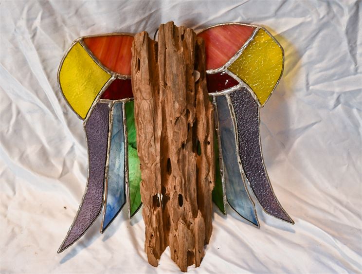 Mixed Media Sculpt with Wood and Stained Glass