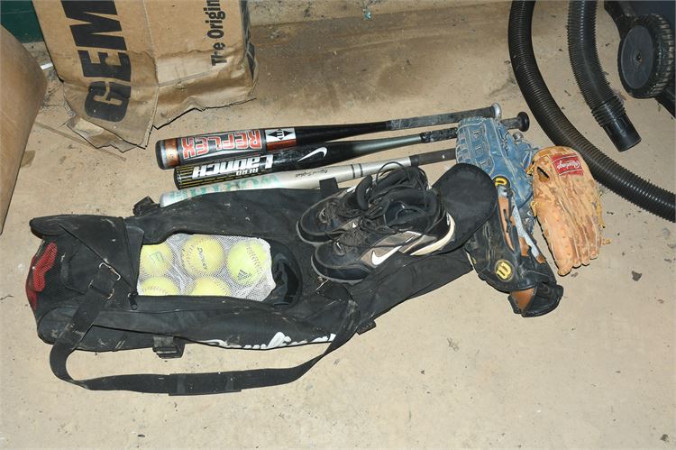 Black Softball Bag, Bats, Balls, Shoes, and Glove