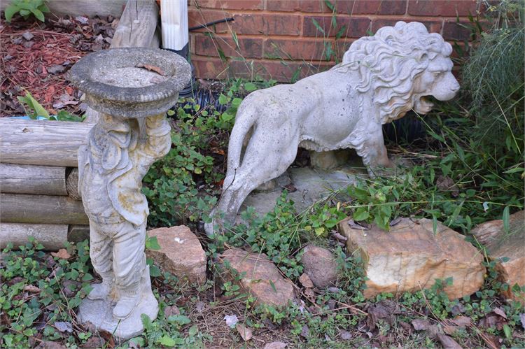 Two Concrete Garden Sculptures Birdbath/Lion