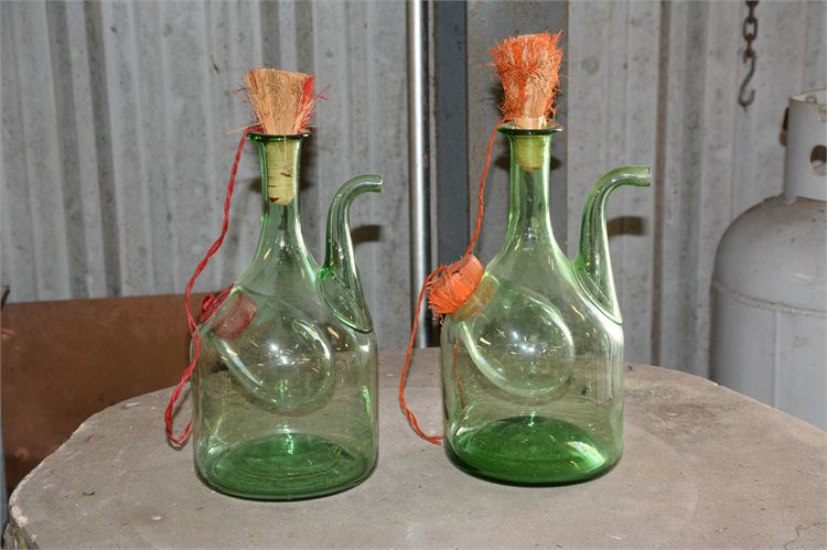 Two (2) Italian Green Glass Wine Decanter