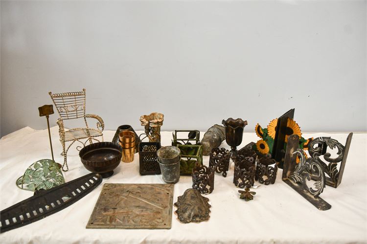 Various Decorative Metal Items: Small Furniture, Planters, and Wall Brakets