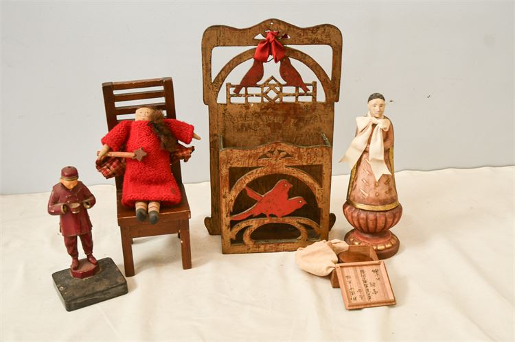 Six (6) Figurines: Wooden Chair with Red Doll, Person