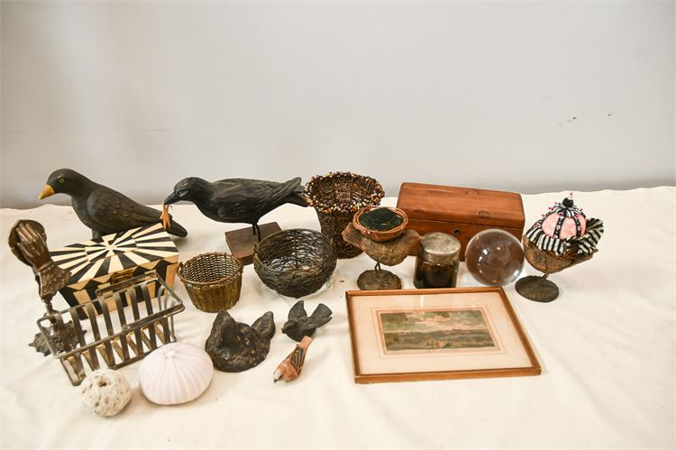 Decorative Items: Birds, Baskets, Picture Frame, and Small Wooden Box