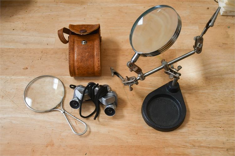 Three (3) Magnifying Glass, Binoculars and Leather Case