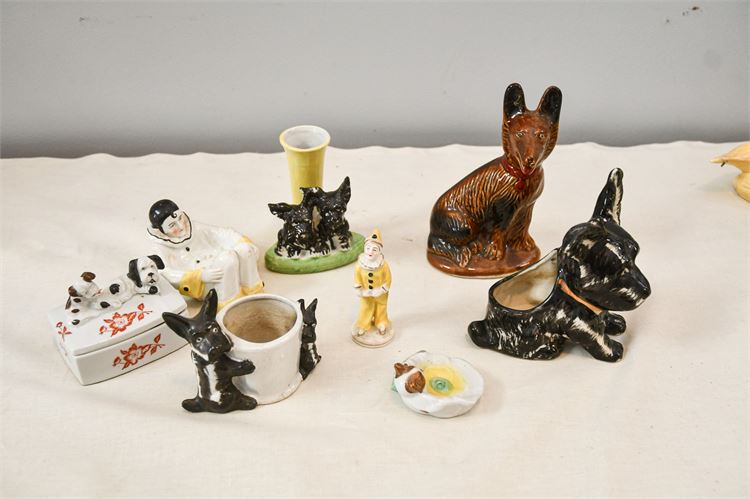 Small Ceramic Figurines: Clowns, Dogs, and Vase