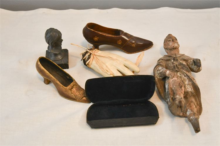 Six (6) Small figurines Woman's Bust, Shoes, Glove, and Saint Figure