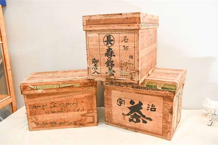 Three (3) Japanese Wooden Tea Transport Boxes