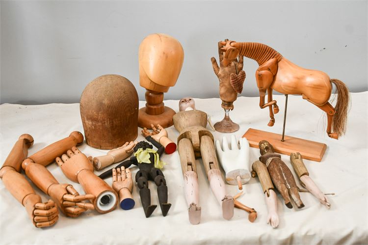 Wooden Mannequins: Heads, Hands, and Horse Figurine