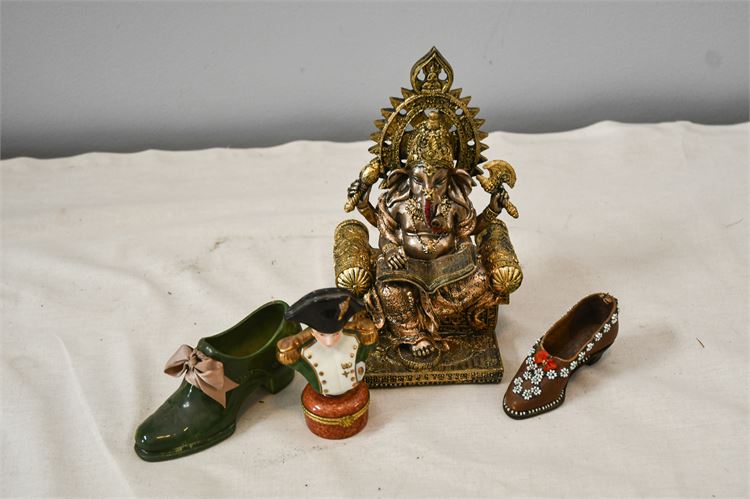 Statue of Sri Ganesha, Napoleon pill box and Small shoe