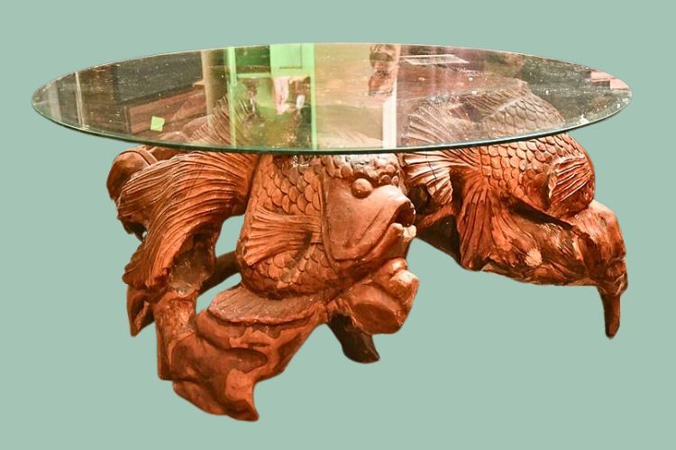 Large Carved Wood Goldfish Motif Glass Top Coffee Table