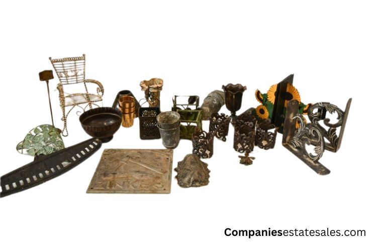 Various Decorative Metal Items: Small Furniture, Planters, and Wall Brakets