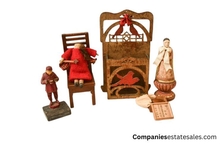 Six (6) Figurines: Wooden Chair with Red Doll, Person