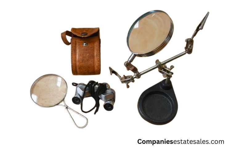 Three (3) Magnifying Glass, Binoculars and Leather Case