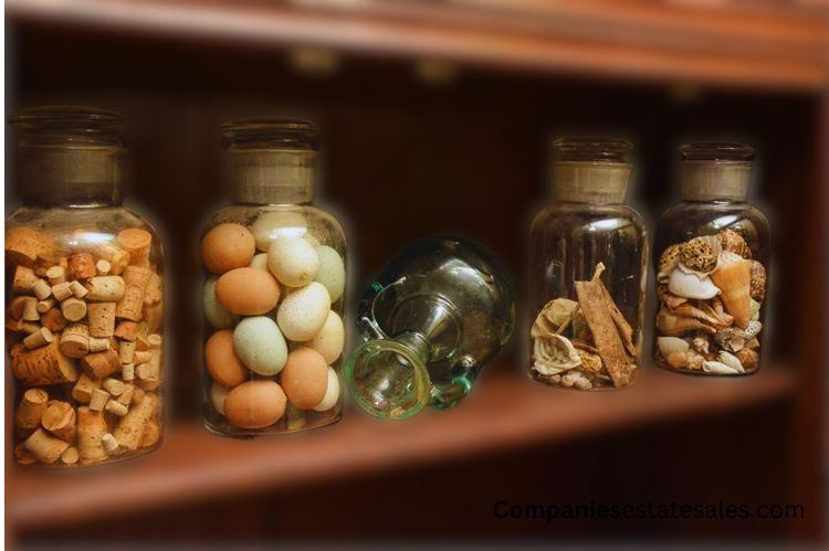 Five (5) Glass jars of Eggs, Corks and Seashells