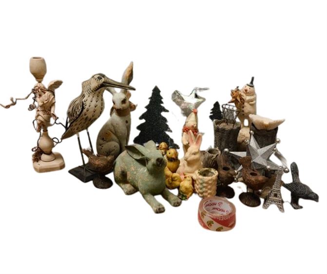 Decorative Figurines: Birds, Rabbits, Snowman, and Christmas Trees