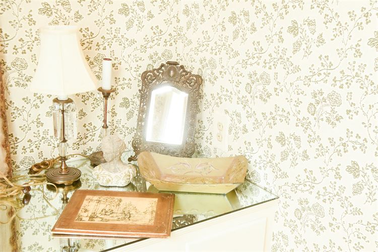 Decorative Items: Wallpaper, Table Lamp, Tray, Mirror and Picture Frame