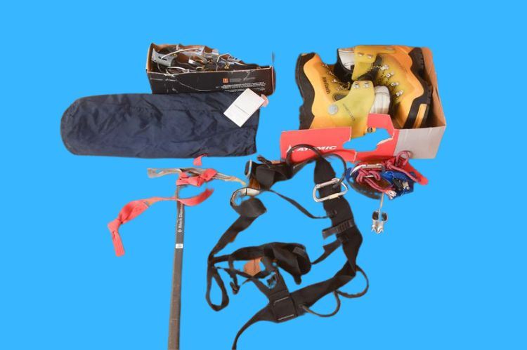 Ice limbing Gear: Boots, Harness, Axe, and Sleeping Bag