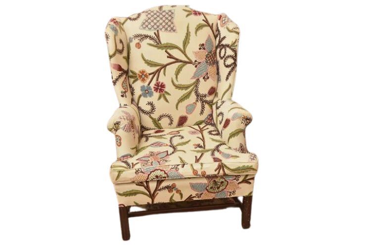 Crewel Upholstered Mahogany Framed Wing Chair