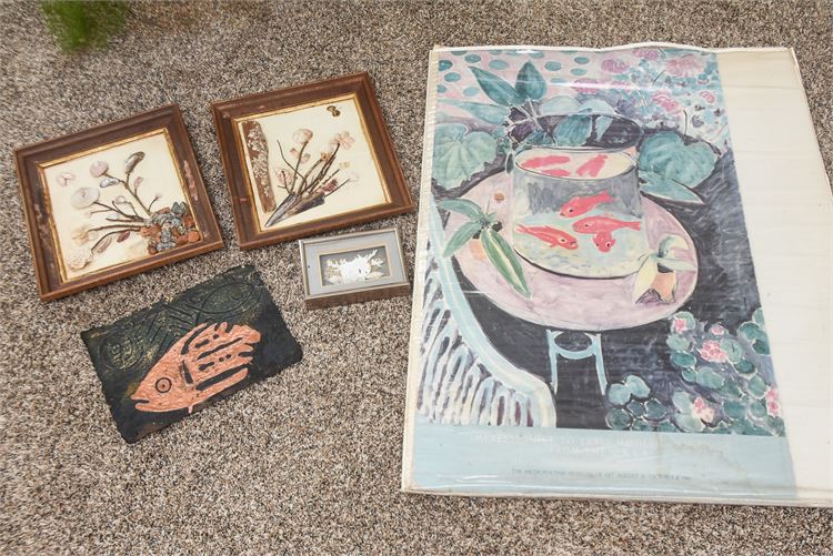 Five (5) Framed Pictures of Flowers and Fish