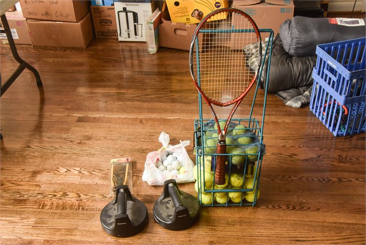 Tennis Racket, Tennis balls, and Hand Grip Exercisers