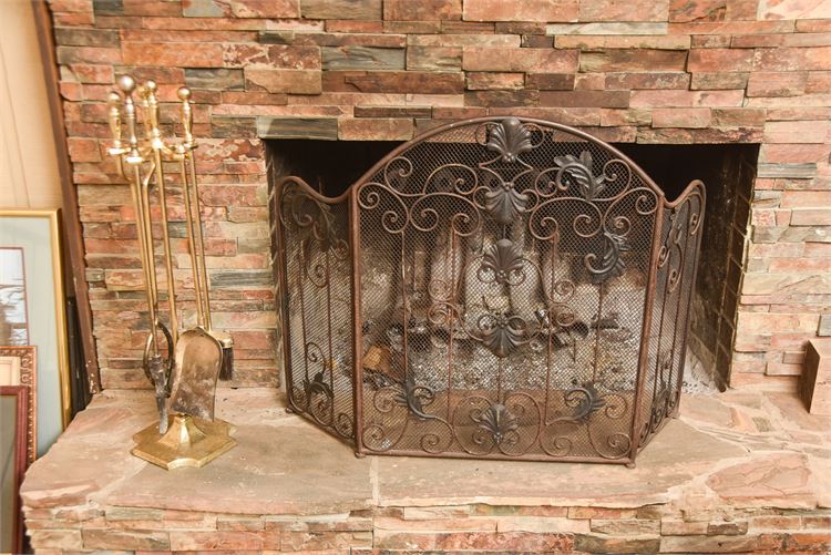 Tw (2) Gold Fireplace Tool and Decorative Metal Fireplace Screen