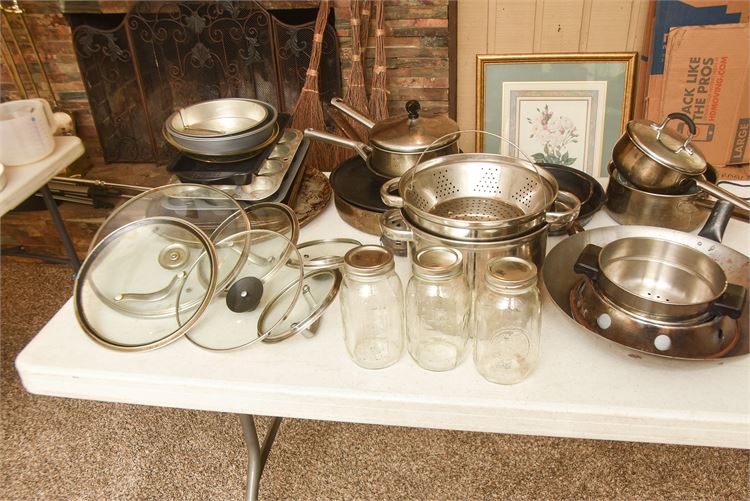 Kitchen Items: Steel Pots, Pans, Lids and Glass Jars