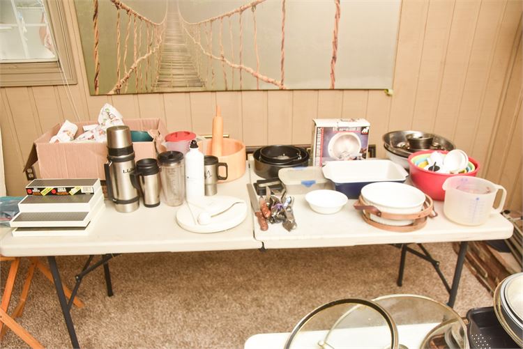 Kitchen Items: Mugs, Thermoses, Pots, Pans, and Dishes