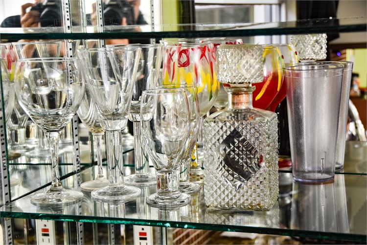 Various Glass Drinking Glasses and Decorative Decanter