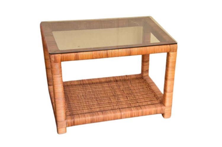 Vintage Rattan Wicker Square End Table with Glass Top