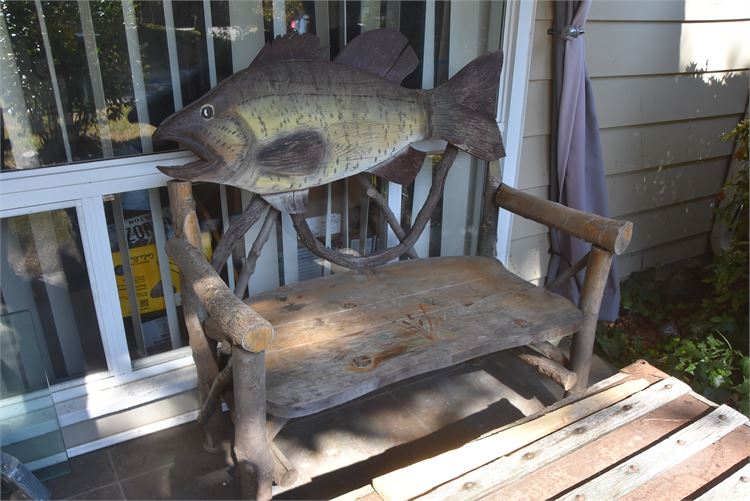 Wooden Bench with a Carved Fish