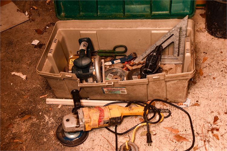 Toolbox with Various Power Tools: Grinder, Circular Saw, and Measuring Tools