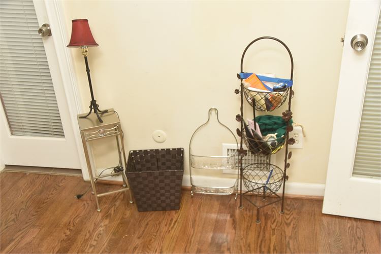 Various Items: Silver End Table, Table Lamp, Woven Basket and Others