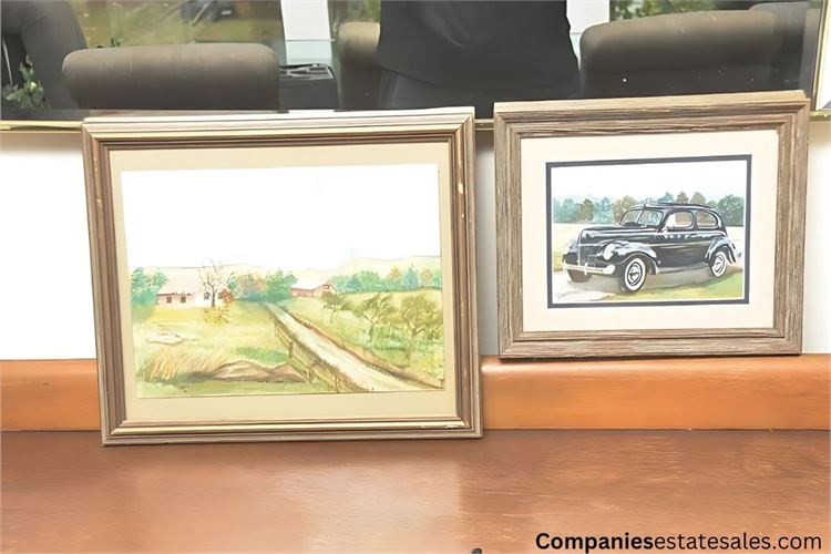 Two (2) Framed Pictures of Landscape and Vintage Car