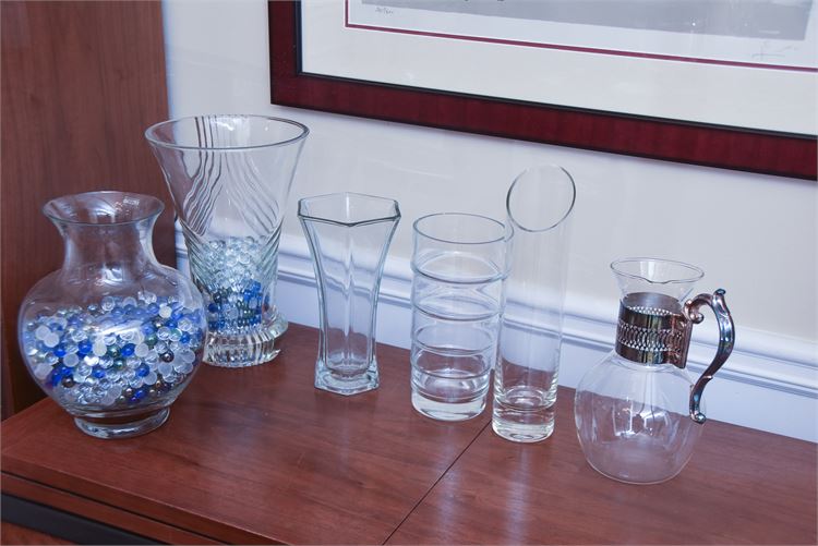 Several Clear Glass Vases And Pitcher