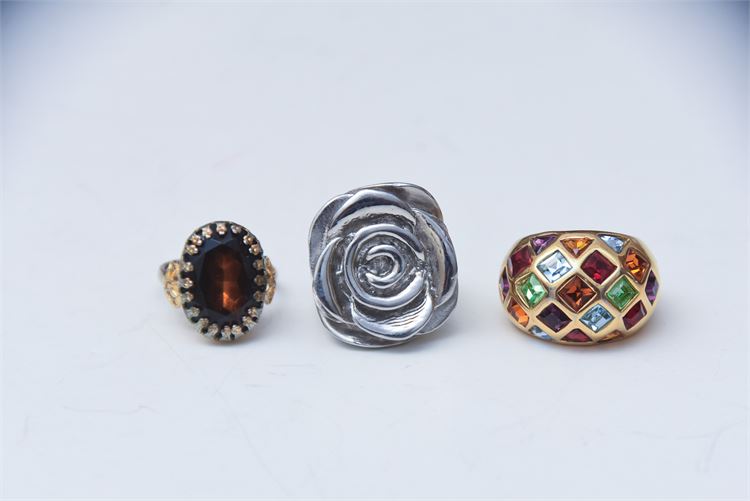 Three (3) Rings: One with Brown Stone, Rose Shape and With Colorful Stones