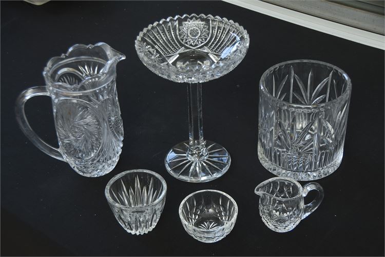 Five (5) Clear Glass of Pitcher, Bowl and Tea Cups