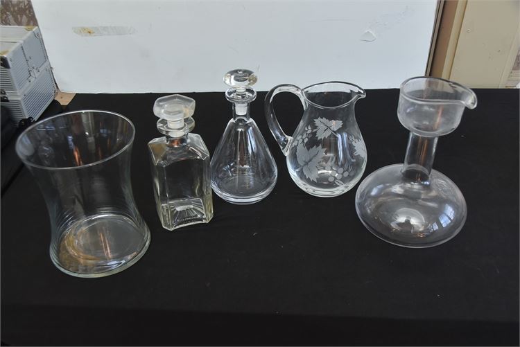 Five (5) Clear Glass Decanter, Pitcher, Bottle, and Vase