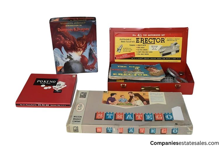 Four (4) Dungeons & Dragons, Metal Erector Set, Poker and Strategy Playing Box