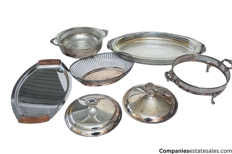 Seven (7) Vintage  Oval platters, Covered Dish, Wire Basket and Trays