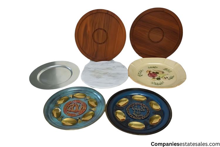 Lots of Round Plates: Wood, Marble, Metal and Passover Seder Plates