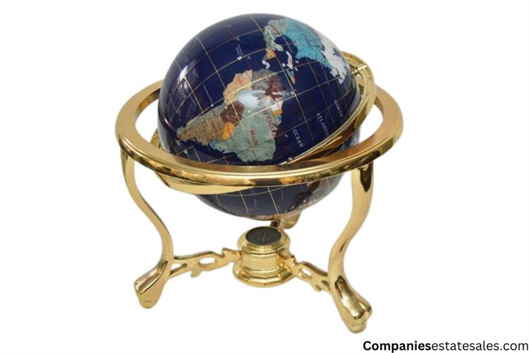 Vintage Tabletop Globe Blue Lapis Gemstone and Brass Stand w/ Compass