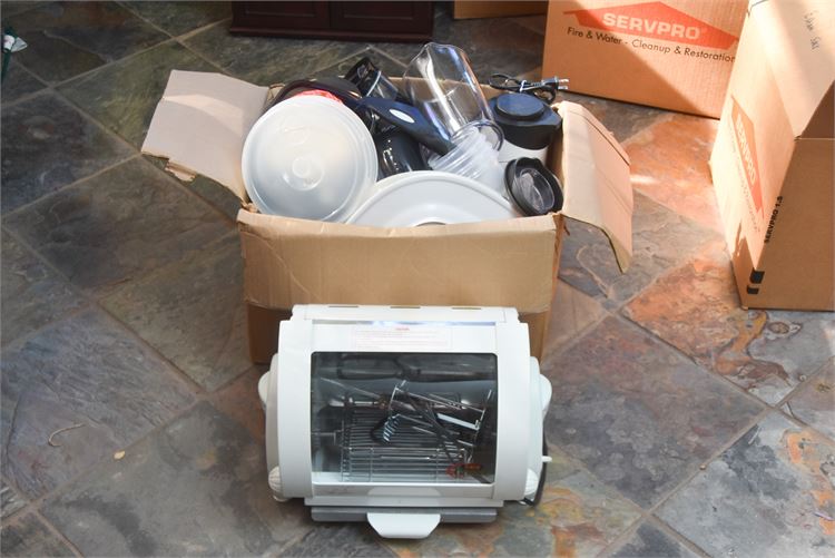 Cardboard Box of Kitchen Items and Baby George Rotisserie Electric Roasting Oven