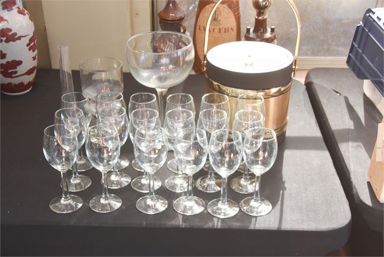 Bar Item: Clear Drinking Glasses, Ice Bucket and Decanter