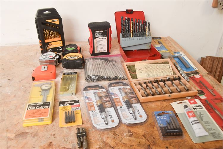 Assorted Drill Bits, Measuring Tape, Dial Caliper and Other Tools