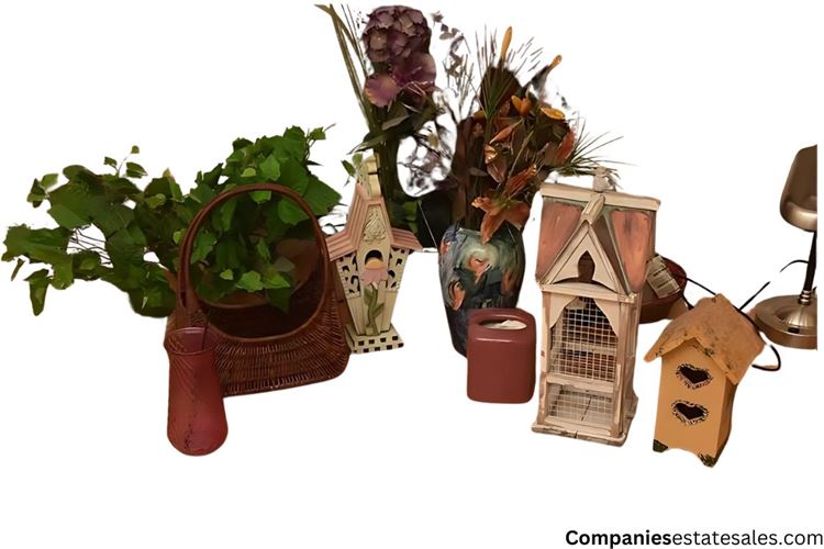 Decorative Item: Wicker Basket, Vase and Artificial Plants