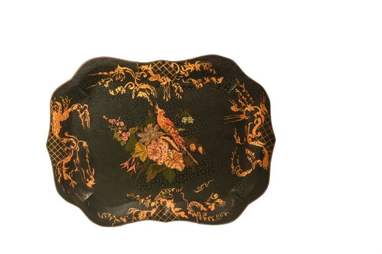 Vintage Hand Painted Black Gold Tole Painted Serving Tray Scalloped Chinoisserie