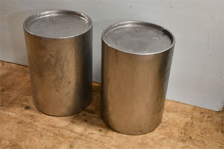 Two (2) Hammered Silver Metal Round Side Table $60